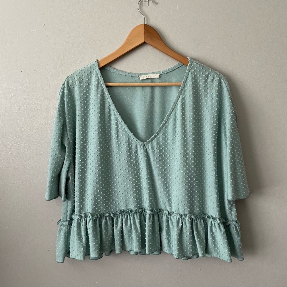 Illa Illa Light Blue Dot Oversized Crop Top Ruffle Hem Size Medium Pastel